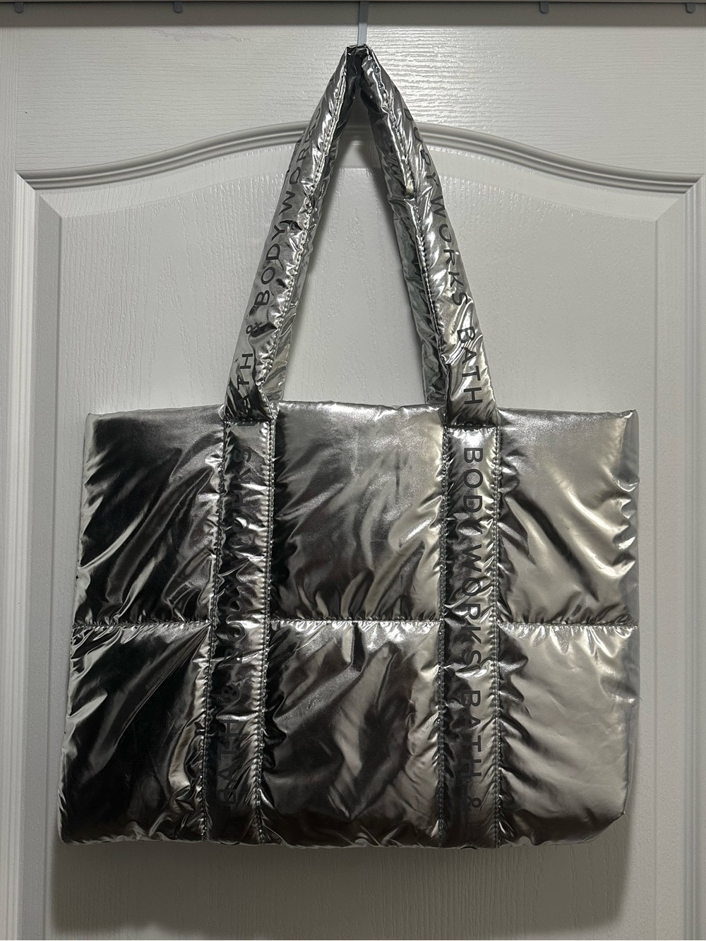 Bath & Body Works Metallic Silver Puffer Tote Bag